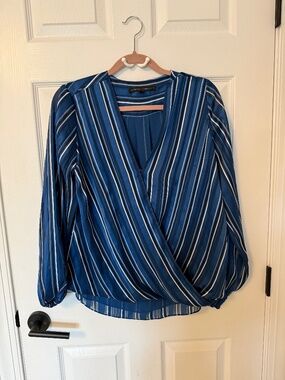 White House Black Market Blue Striped Wrap Front Blouse Size L